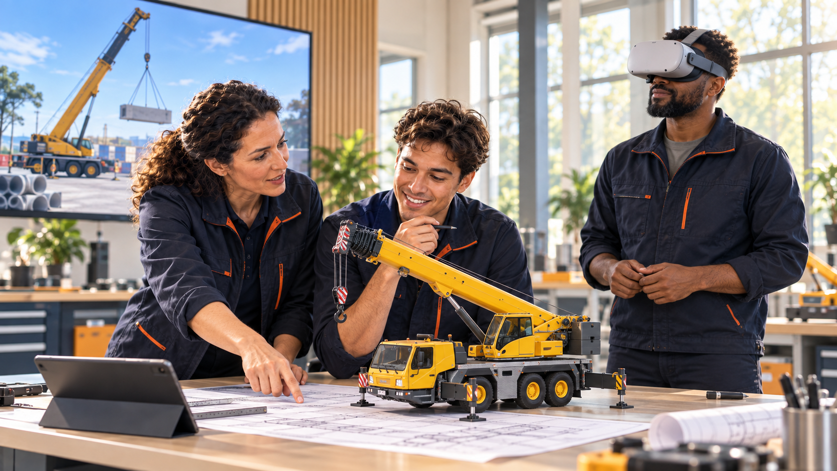 Illustrative training scene with two people reviewing plans beside a crane model, another wearing a VR headset, and a crane lift on screen